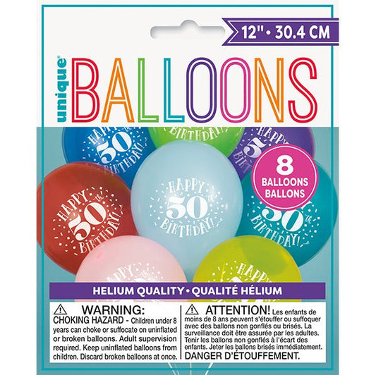 "Happy 50th Birthday" Assorted Colour Balloons 30cm (Pack of 8) - The Party Marketplace