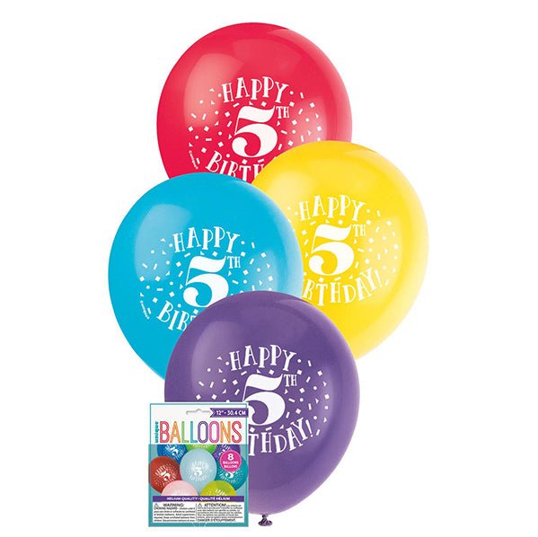 "Happy 5th Birthday" Assorted Colour Balloons 30cm (Pack of 8) - The Party Marketplace