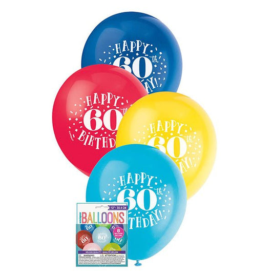 "Happy 60th Birthday" Assorted Colour Balloons 30cm (Pack of 8) - The Party Marketplace