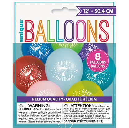 "Happy 7th Birthday" Assorted Colour Balloons 30cm (Pack of 8) - The Party Marketplace