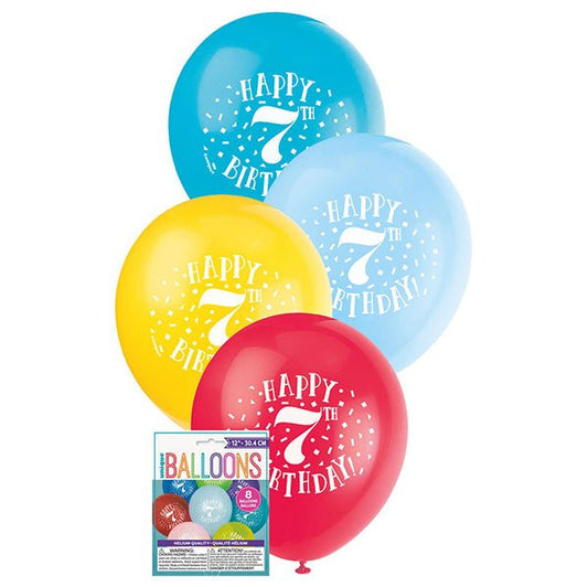 "Happy 7th Birthday" Assorted Colour Balloons 30cm (Pack of 8) - The Party Marketplace