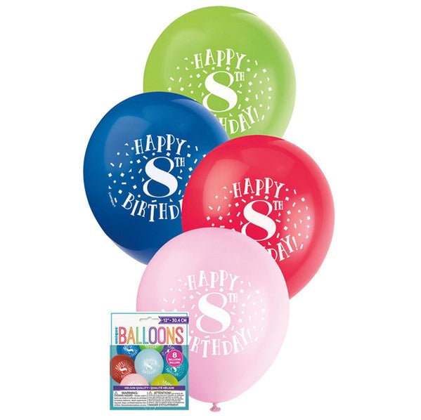 "Happy 8th Birthday" Assorted Colour Balloons 30cm (Pack of 8) - The Party Marketplace