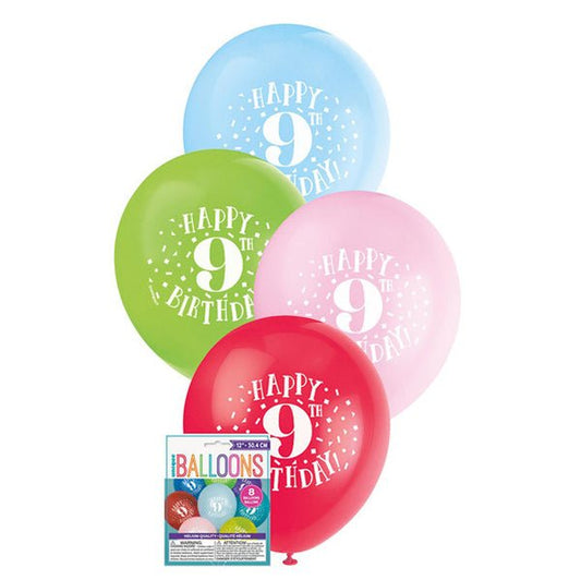 "Happy 9th Birthday" Assorted Colour Balloons 30cm (Pack of 8) - The Party Marketplace
