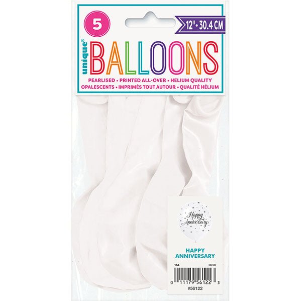 "Happy Anniversary" Pearl White Balloons 30cm (Pack of 5) - The Party Marketplace