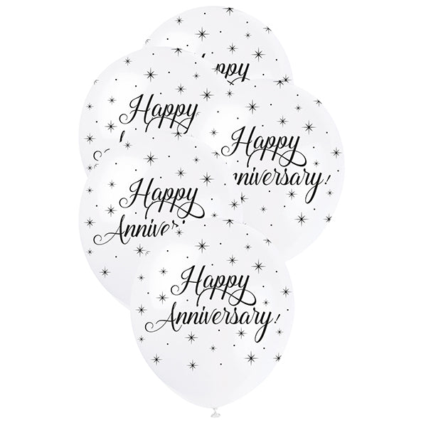 "Happy Anniversary" Pearl White Balloons 30cm (Pack of 5) - The Party Marketplace