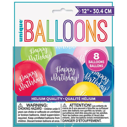 "Happy Birthday" Assorted Colours Balloons 30cm (Pack of 8) - The Party Marketplace