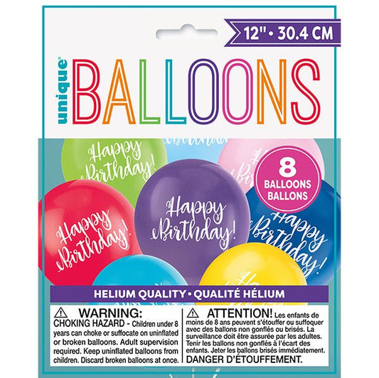 "Happy Birthday" Assorted Colours Balloons 30cm (Pack of 8) - The Party Marketplace