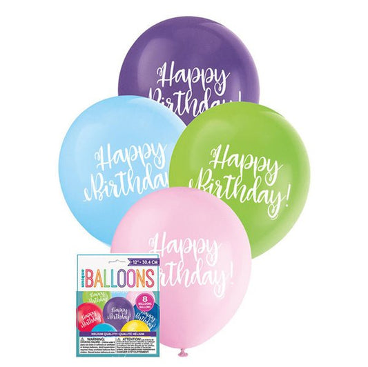 "Happy Birthday" Assorted Colours Balloons 30cm (Pack of 8) - The Party Marketplace