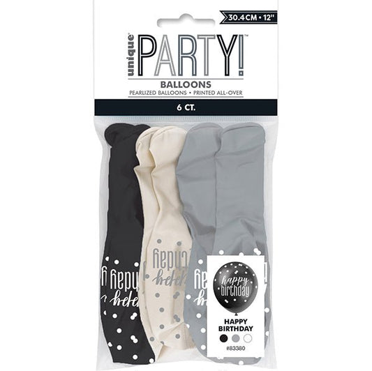 "Happy Birthday" Black, Silver & White Assorted Balloons 30cm (Pack of 6) - The Party Marketplace