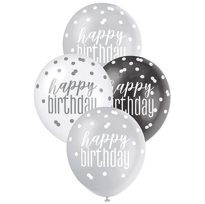 "Happy Birthday" Black, Silver & White Assorted Balloons 30cm (Pack of 6) - The Party Marketplace