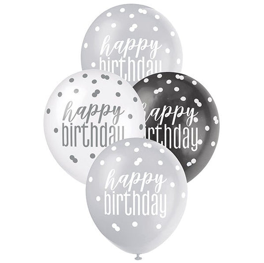 "Happy Birthday" Black, Silver & White Assorted Balloons 30cm (Pack of 6) - The Party Marketplace