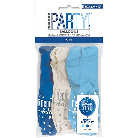 "Happy Birthday" Blue & White Assorted Balloons 30cm (Pack of 6) - The Party Marketplace