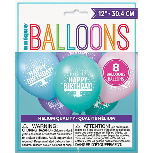 "Happy Birthday Cake" Assorted Pastel Colours Balloons 30cm (Pack of 8) - The Party Marketplace