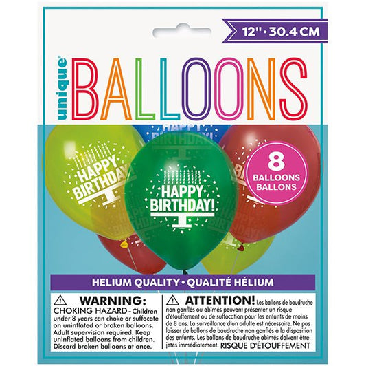 "Happy Birthday Cake" Assorted Primary Colours Balloons 30cm (Pack of 8) - The Party Marketplace