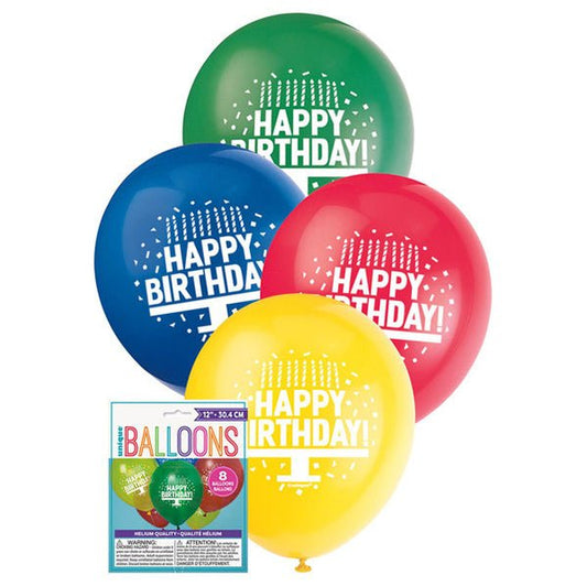 "Happy Birthday Cake" Assorted Primary Colours Balloons 30cm (Pack of 8) - The Party Marketplace