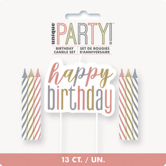 "Happy Birthday" Candle And 12 Spiral Candles - Rose Gold - The Party Marketplace