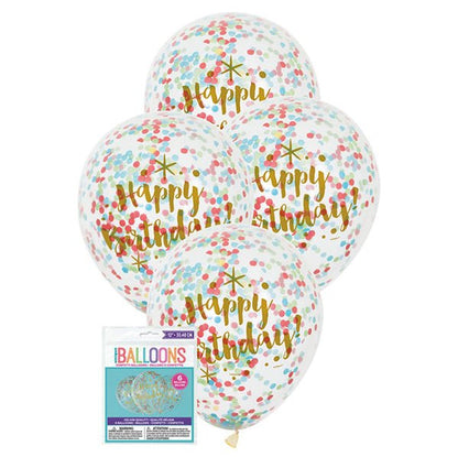 "Happy Birthday" Clear & Gold Balloons With Multi Coloured Confetti Balloons 30cm (Pack of 6) - The Party Marketplace