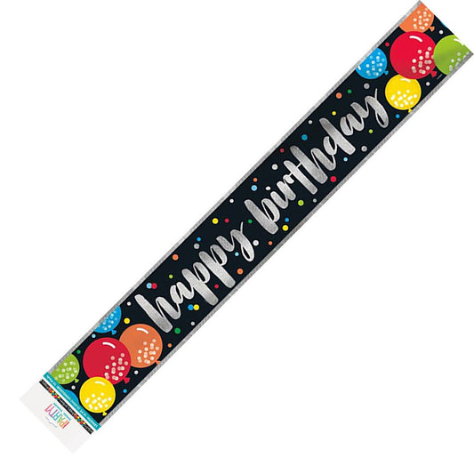 Happy Birthday Colourful Balloon Prismatic Foil Banner - 3.65m - The Party Marketplace