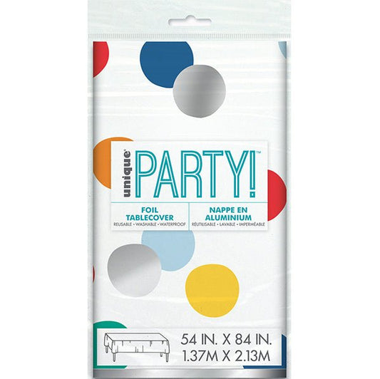 Happy Birthday Dots Printed Foil Tablecover 137cm x 213cm - The Party Marketplace