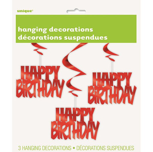 "Happy Birthday" Foil Hanging Swirl Decorations - Red (Pack of 3) - The Party Marketplace