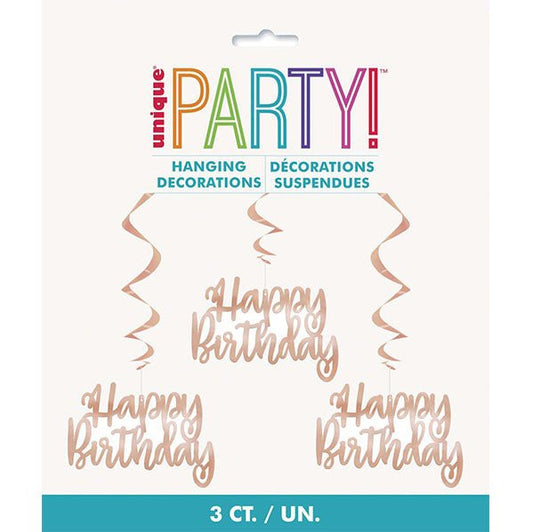 "Happy Birthday" Foil Hanging Swirl Decorations - Rose Gold (Pack of 3) - The Party Marketplace