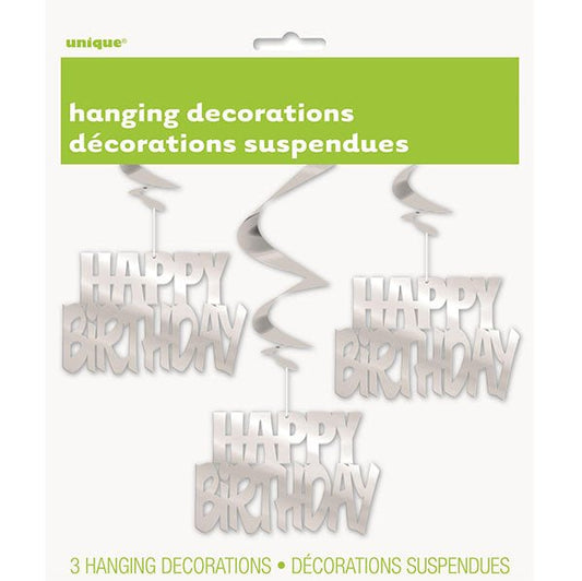 "Happy Birthday" Foil Hanging Swirl Decorations - Silver (Pack of 3) - The Party Marketplace