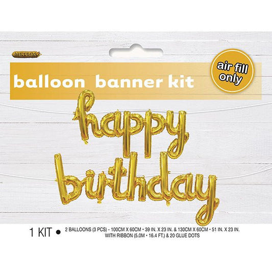 "Happy Birthday" Gold Foil Balloon Banner With Ribbon - The Party Marketplace