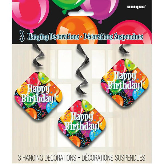 "Happy Birthday" Hanging Swirl Decorations (Pack of 3) - The Party Marketplace