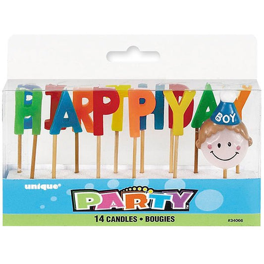 "Happy Birthday" Pick Candles - Boy (Pack of 14) - The Party Marketplace
