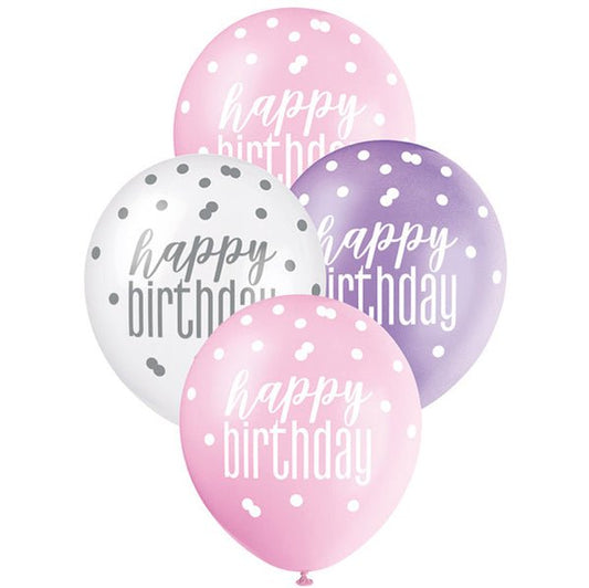"Happy Birthday" Pink, Purple & White Assorted Balloons 30cm (Pack of 6) - The Party Marketplace