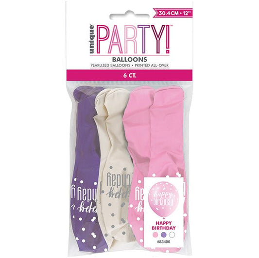 "Happy Birthday" Pink, Purple & White Assorted Balloons 30cm (Pack of 6) - The Party Marketplace