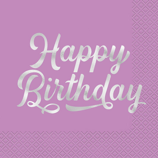 "Happy Birthday" Purple Foil Stamped Luncheon Napkins (Pack of 16) - The Party Marketplace
