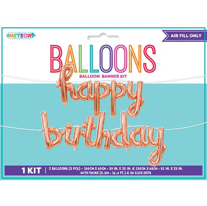 "Happy Birthday" Rose Gold Foil Balloon Banner With Ribbon - The Party Marketplace