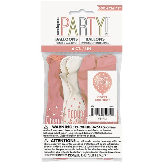 "Happy Birthday" Rose Gold & White Assorted Balloons 30cm (Pack of 6) - The Party Marketplace