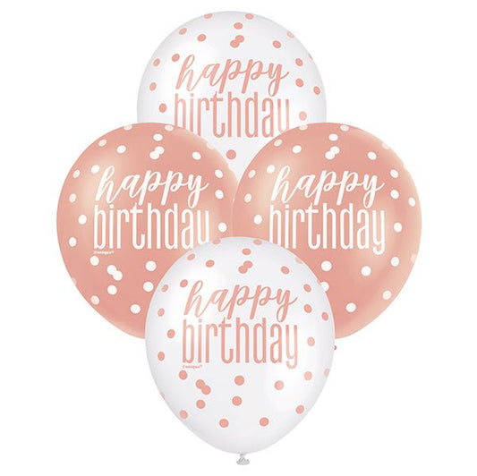 "Happy Birthday" Rose Gold & White Assorted Balloons 30cm (Pack of 6) - The Party Marketplace