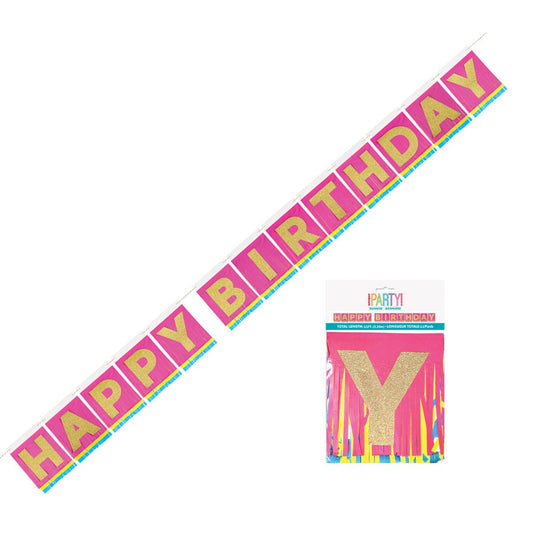 Happy Birthday Tissue Fringe Banner (3.3m) - The Party Marketplace