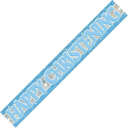 "Happy Christening" Blue Prismatic Foil Banner (3.65m) - The Party Marketplace