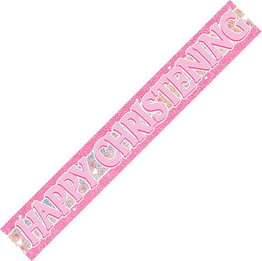 "Happy Christening" Pink Prismatic Foil Banner (3.65m) - The Party Marketplace