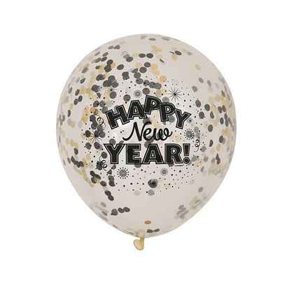 "Happy New Year" Clear Balloons With Silver, Gold & Black Confetti Balloons 30cm (Pack of 6) - The Party Marketplace