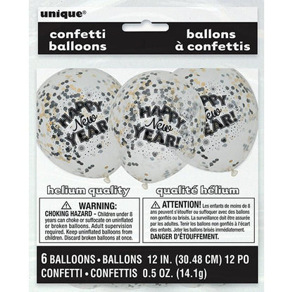 "Happy New Year" Clear Balloons With Silver, Gold & Black Confetti Balloons 30cm (Pack of 6) - The Party Marketplace
