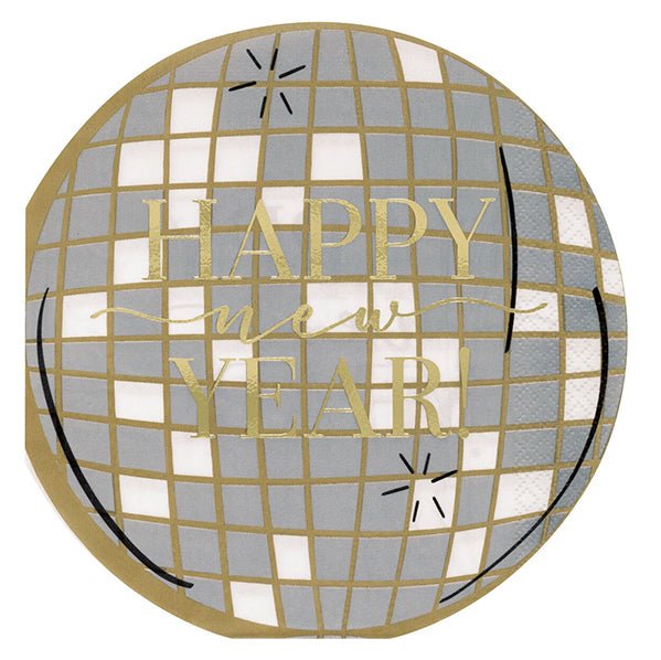 "Happy New Year" Foil Stamped Disco Shaped Birthday Luncheon Napkins (Pack of 16) - The Party Marketplace
