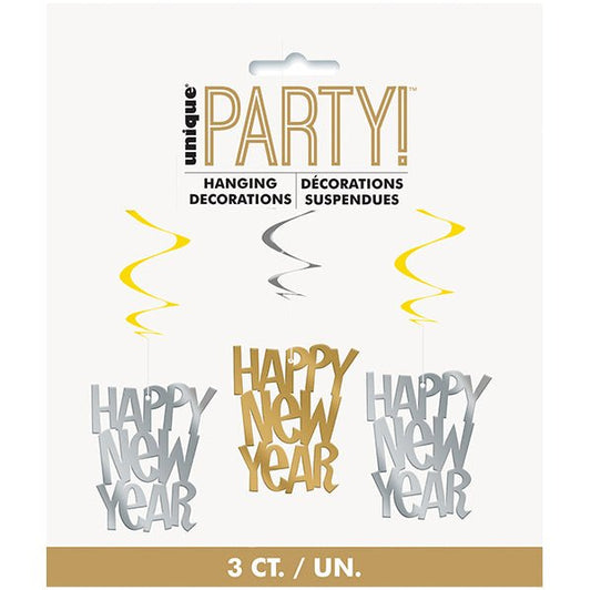 "Happy New Year" Gold & Silver Hanging Swirl Decorations (Pack of 3) - The Party Marketplace