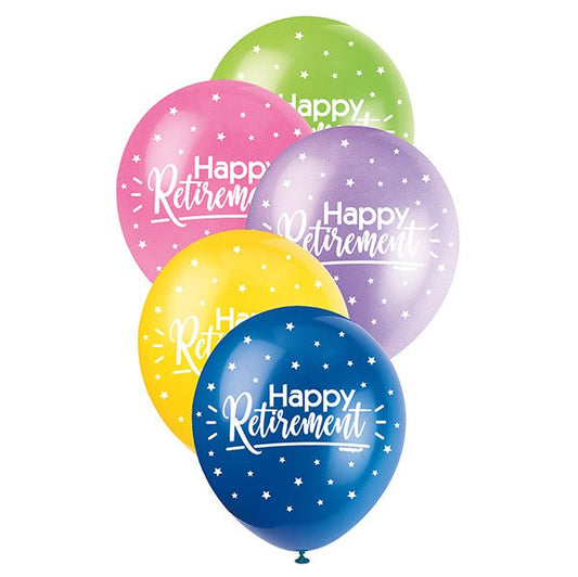 "Happy Retirement" Assorted Colour Pearl Balloons 30cm (Pack of 5) - The Party Marketplace