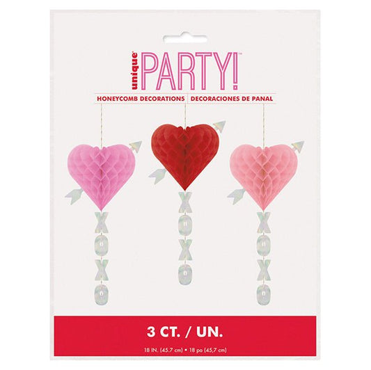 Heart Honeycomb Decorations With Iridescent "XOXO" Tail 45.7cm (Pack of 3) - The Party Marketplace