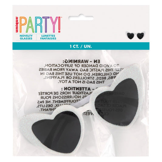Heart Shaped Novelty Glasses - White & Iridescent Glitter - The Party Marketplace