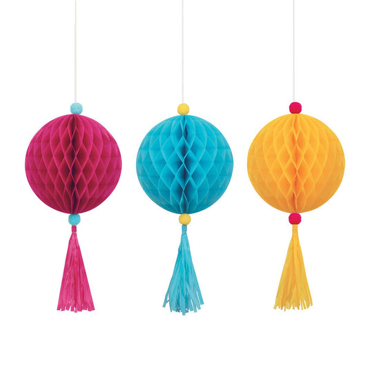 Honeycomb Decorations with Tassels - 40.6cm (Pack of 3) - The Party Marketplace