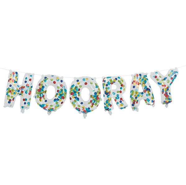 "Hooray" Clear Confetti Filled Letter Foil Balloon Banner Kit - 35.5cm - The Party Marketplace
