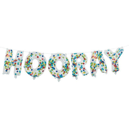 "Hooray" Clear Confetti Filled Letter Foil Balloon Banner Kit - 35.5cm - The Party Marketplace