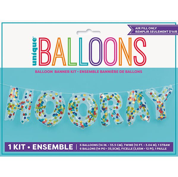 "Hooray" Clear Confetti Filled Letter Foil Balloon Banner Kit - 35.5cm - The Party Marketplace