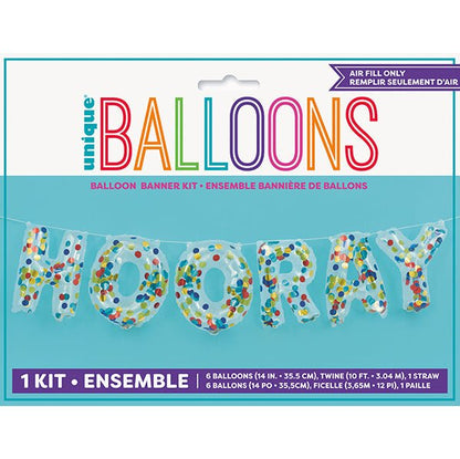 "Hooray" Clear Confetti Filled Letter Foil Balloon Banner Kit - 35.5cm - The Party Marketplace